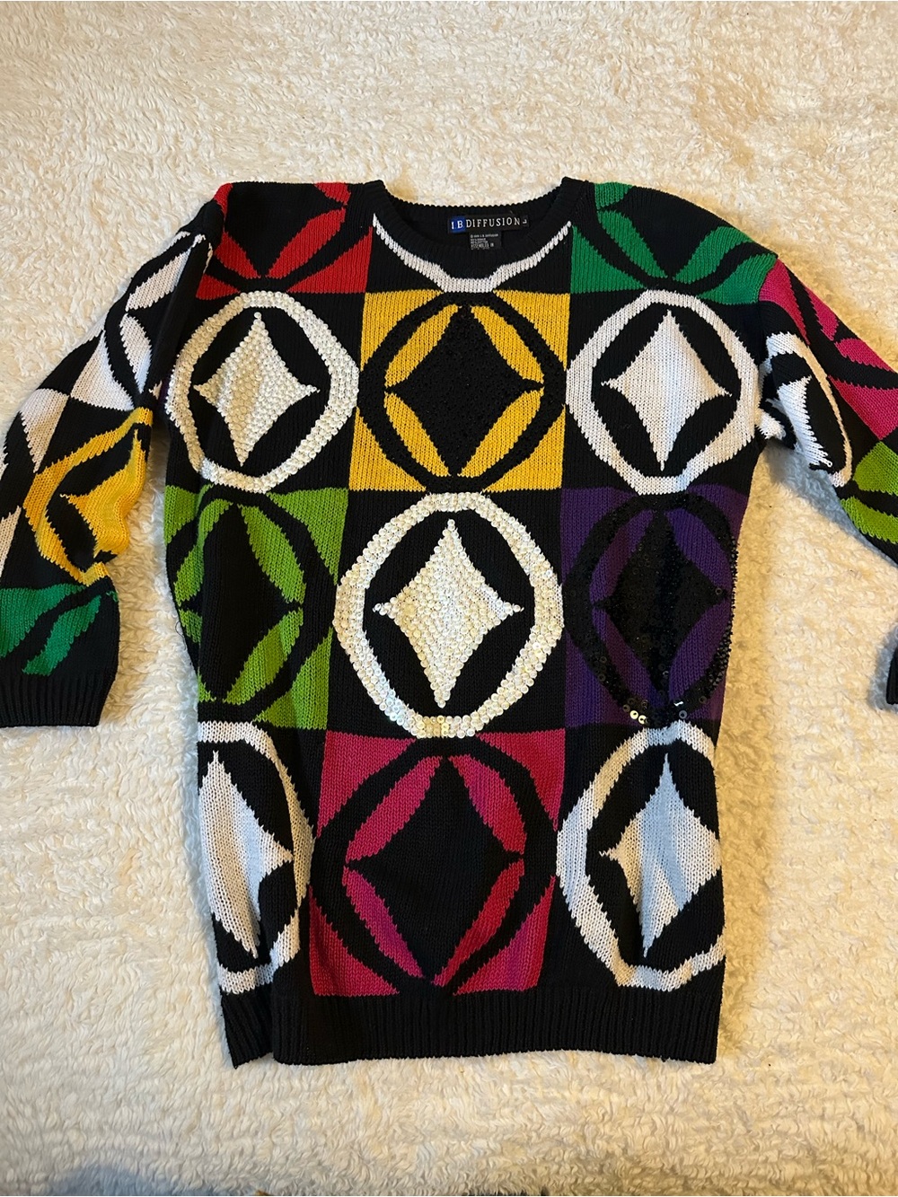 Vintage 90s bling Multicolor Geometric Crewneck Sweater - Black/Multi